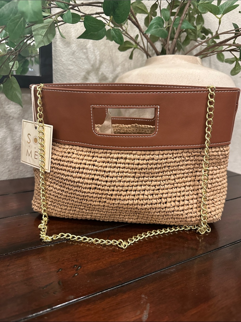 Woven Straw Crossbody with Brown Trim and Gold Chain